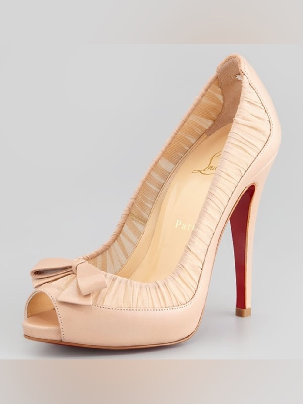 CHRISTIAN LOUBOUTIN Angelique 120 Nude Kid Leather Chiffon Bow Peep Toe Heels 40